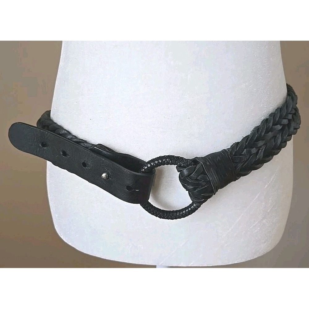 Coldwater Creek Double Braided Strap Leather Waist Belt Circle Loop Black Medium